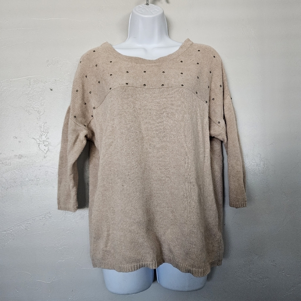 Route 66 Women's Small Beige Quarter Sleeve Sweater Gold Studded Boho Fall Shirt